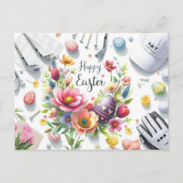 Postal Pascua de golf con equipo de golf con flores