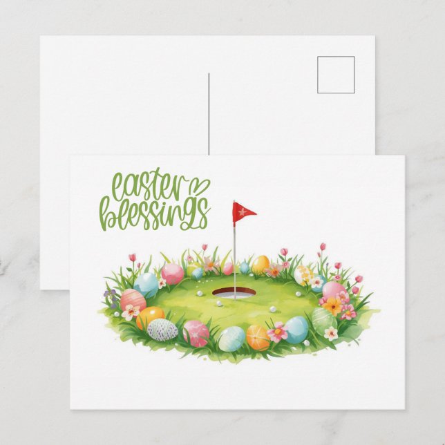 Postal Pascua de Golf con huevo en green de putting (Anverso / Reverso)