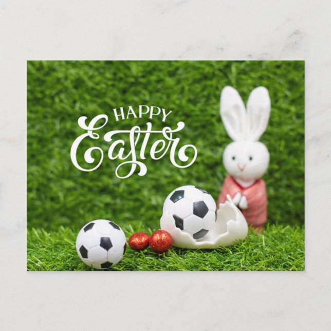 Postal Pascua feliz de fútbol con bola de fútbol y huevos (Anverso)