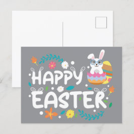 Postal Pascua feliz, huevos, conejo y flores