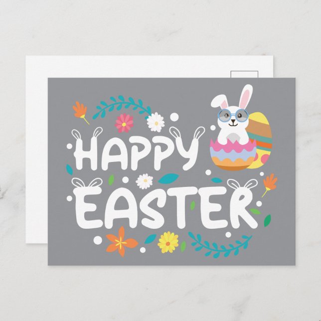 Postal Pascua feliz, huevos, conejo y flores (Anverso / Reverso)