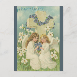 Postal Pascua Flores Azules Dos Ángeles Con Cruz Vintage