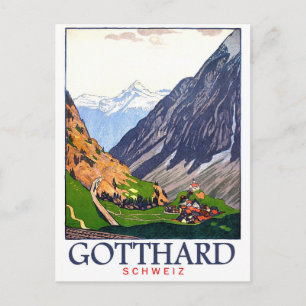 Postal Pase Gotthard, Suiza, aldea, vintage