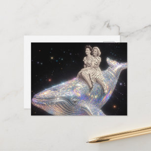 Postal Paseo de mujer vintage surrealista en ballena
