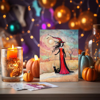 Postal Paseo de otoño Arte de bruja de Halloween y gato n