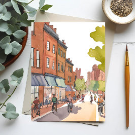 Postal Paseo en bicicleta por Boston | North End Watercol