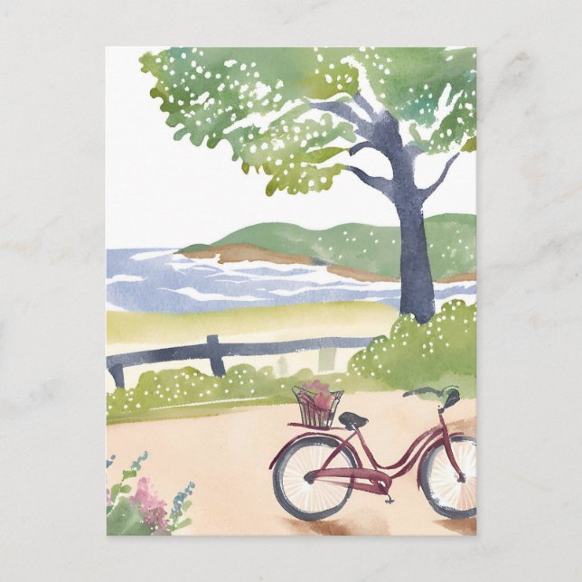 Postal Paseo en bicicleta por la isla | Acuarela de Marth (Anverso)