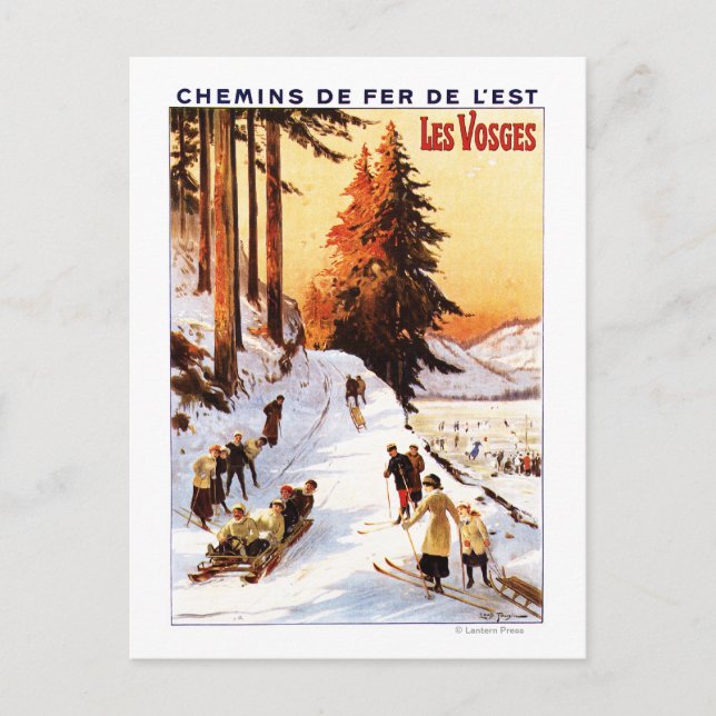 Postal Paseo en trineo y esquí en el cartel de Vosges (Anverso)