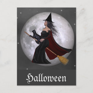 Postal Paseo nocturno :: La bruja y su gato paseando por