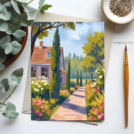 Postal Paseo por el jardín | Camino floral pintura al óle