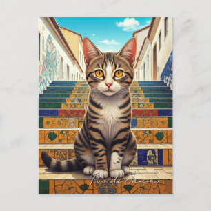 Postal Pasos de Escadaria Selaron, un gato en Río de Jane