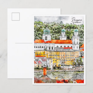 Postal Passau Alemania color de agua de viaje vintage
