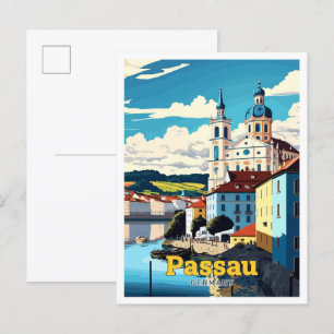 Postal Passau Alemania Ilustracion de Viajes de Arte Vint