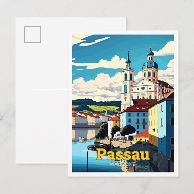 Postal Passau Alemania Ilustracion de Viajes de Arte Vint (Anverso / Reverso)