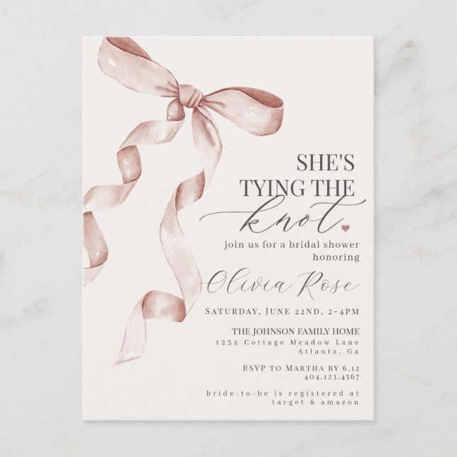 Postal Pastel Beige Coquette Bow Bridal Shower Invite (Anverso)
