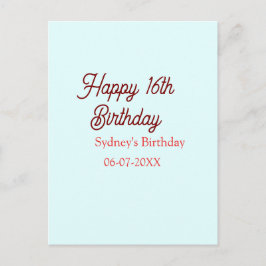 Postal Pastel blue red happy 16th birthday name date eleg