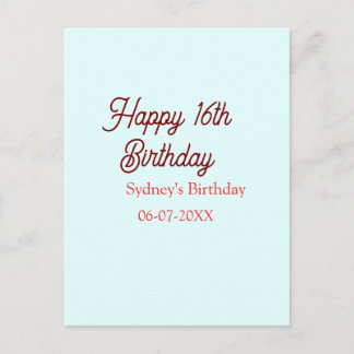 Postal Pastel blue red happy 16th birthday name date eleg