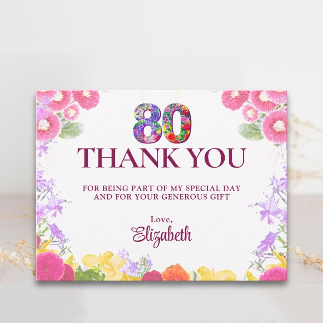 Postal Pastel Cumpleaños 80 Gracias Flores Acuarela (Subido por el creador)