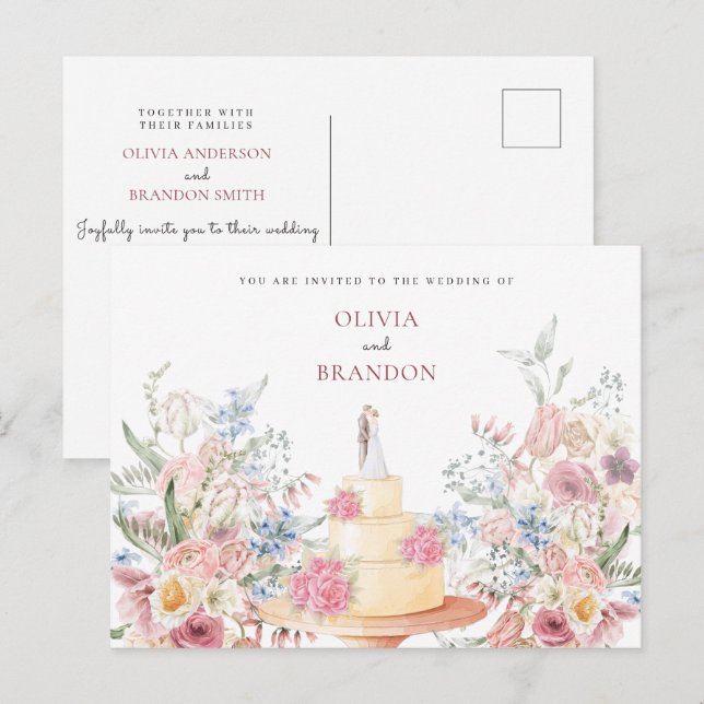 Postal Pastel de boda floral (Anverso / Reverso)
