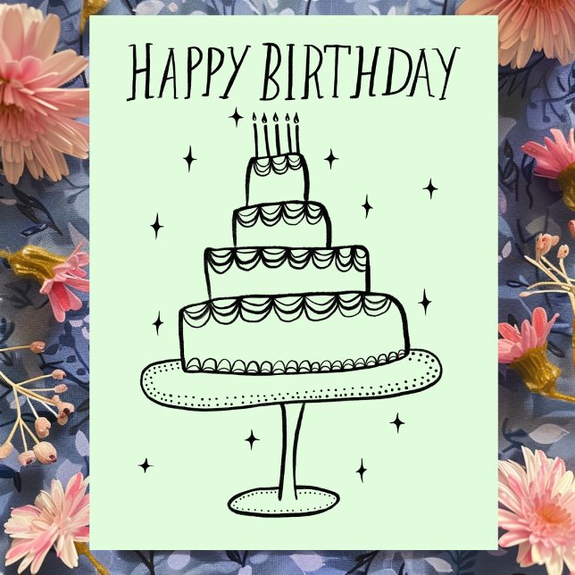 Postal Pastel de Cumpleaños Bosquejo Caprichoso Garabato  (Happy Birthday Cake Whimsical Sketch Doodle Postcard
)