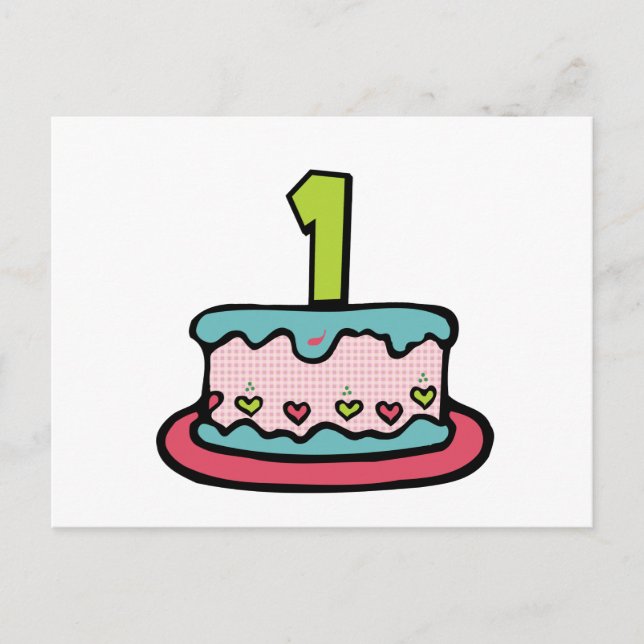 Postal Pastel de cumpleaños de 1 año (Anverso)