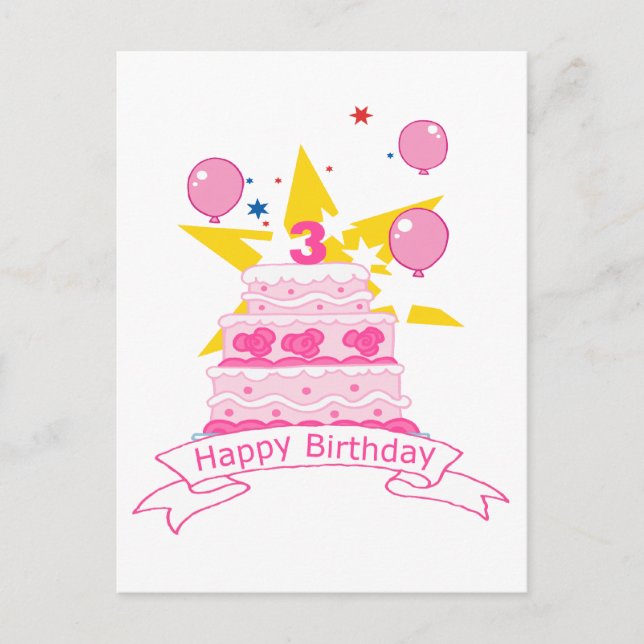 Postal Pastel de cumpleaños de 3 años (Anverso)