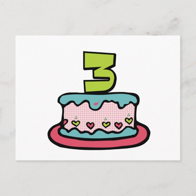 Postal Pastel de cumpleaños de 3 años (Anverso)