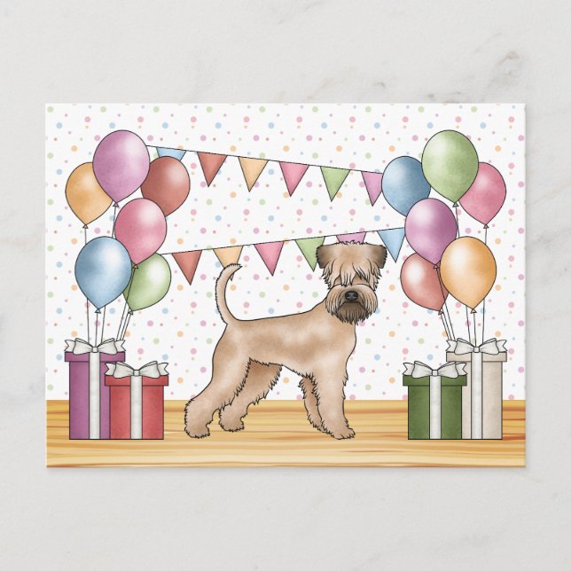 Postal Pastel de Cumpleaños de Soft-Coated Wheaten Terrie (Anverso)