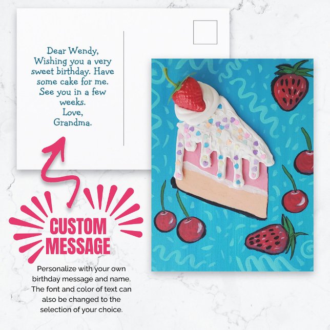 Postal Pastel de cumpleaños feliz con fresas festivas (Happy Birthday Cake with Festive Strawberries Postcard)