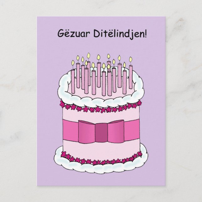 Postal Pastel de cumpleaños feliz y velas en albanés (Anverso)