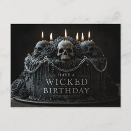 Postal Pastel de cumpleaños gótico con calaveras y saludo