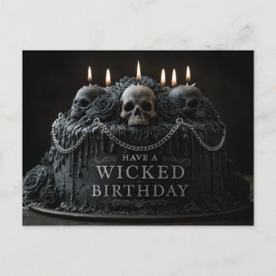 Postal Pastel de cumpleaños gótico con calaveras y saludo