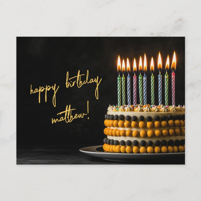 Postal Pastel de cumpleaños negro y amarillo (Anverso)