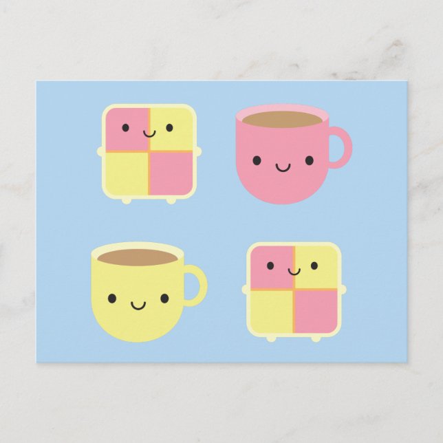 Postal Pastel de Kawaii Battenberg y Copa de Té (Anverso)