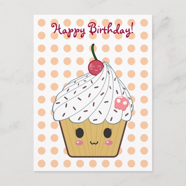 Postal Pastel de Kawaii en Polka "Feliz cumpleaños" (Anverso)