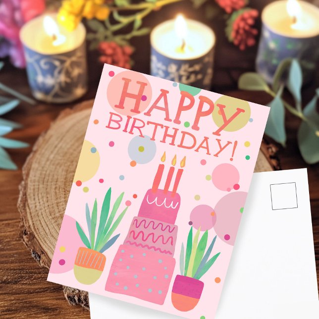 Postal Pastel Feliz Cumpleaños Colorido Rosa Brillante Po (Cute Colorful Happy Birthday Cake Pink Bold Pop Postcard
)