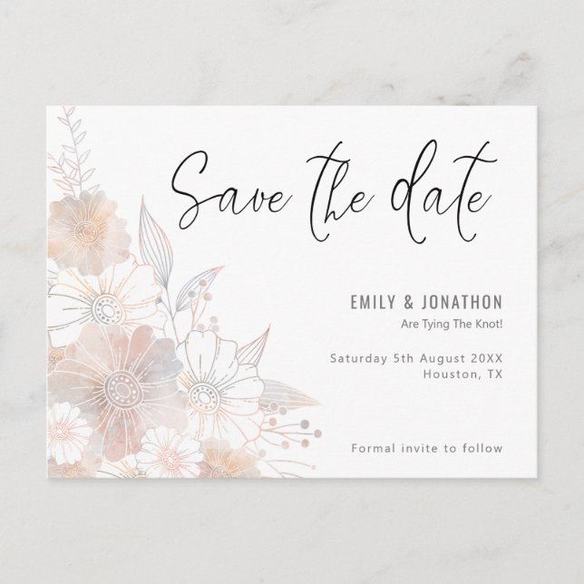 Postal Pastel Floral Rubor Gray Wedding Save The Date (Anverso)