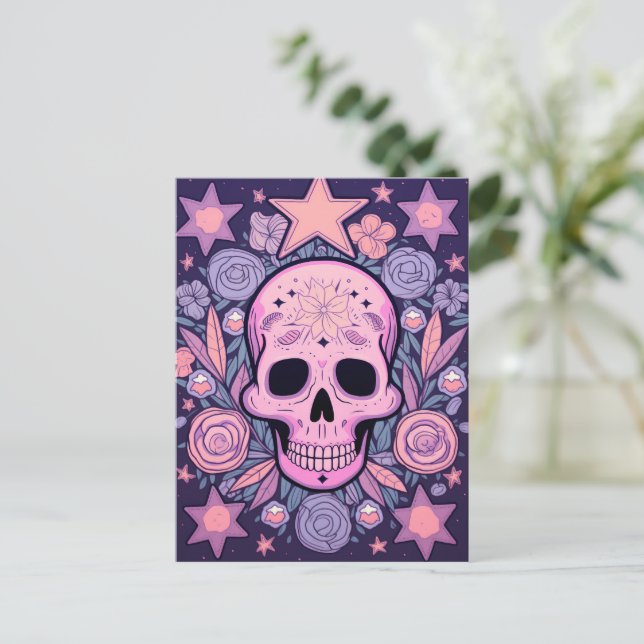 Postal Pastel Floral Skull Art (Anverso de pie)