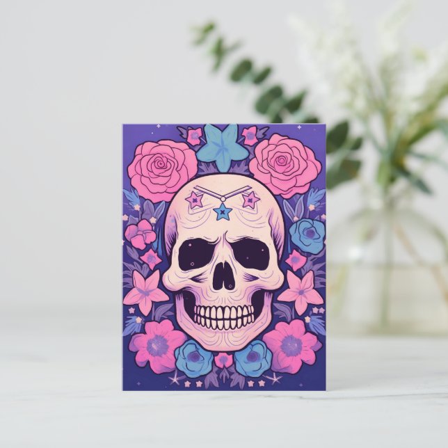 Postal Pastel Floral Skull Art (Anverso de pie)