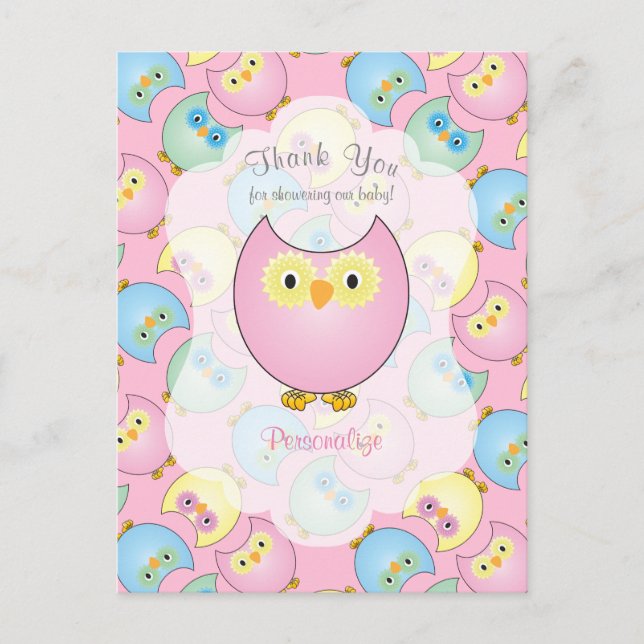 Postal Pastel Lechuza Rosa Bebé Ducha Tema (Anverso)