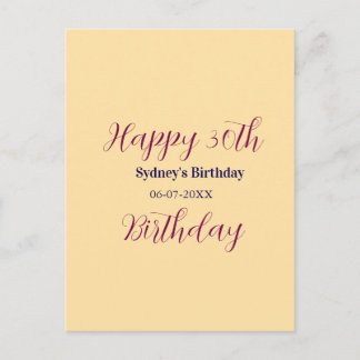 Postal Pastel orange happy 30th birthday name date purple