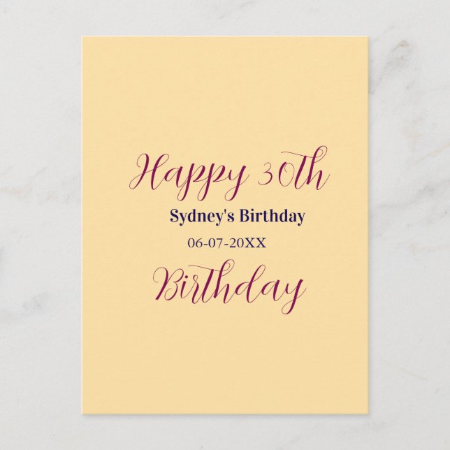 Postal Pastel orange happy 30th birthday name date purple (Anverso)
