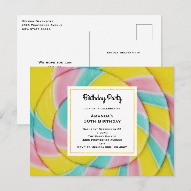 Postal Pastel Rainbow Spiral Candy Fiesta de cumpleaños (Anverso / Reverso)
