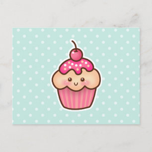 Postal Pastel rosa de Kawaii y puntos de Polka Azul de me