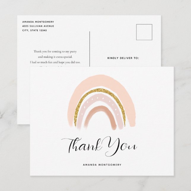 Postal Pastel Rosa y Purpurina Faux Boho Rainbow Gracias (Anverso / Reverso)