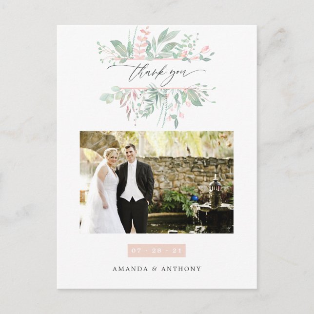Postal Pastel Rubor Greenery Boda Foto Gracias (Anverso)