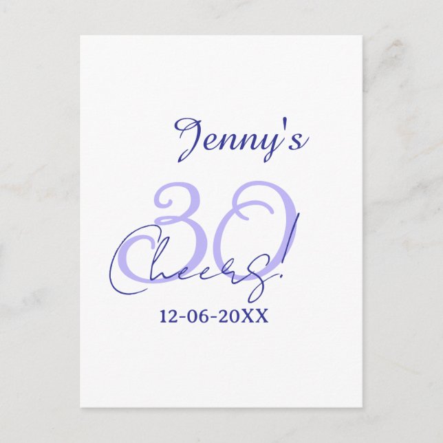 Postal Pastel saluda 30 cumpleaños púrpura elegante nombr (Anverso)