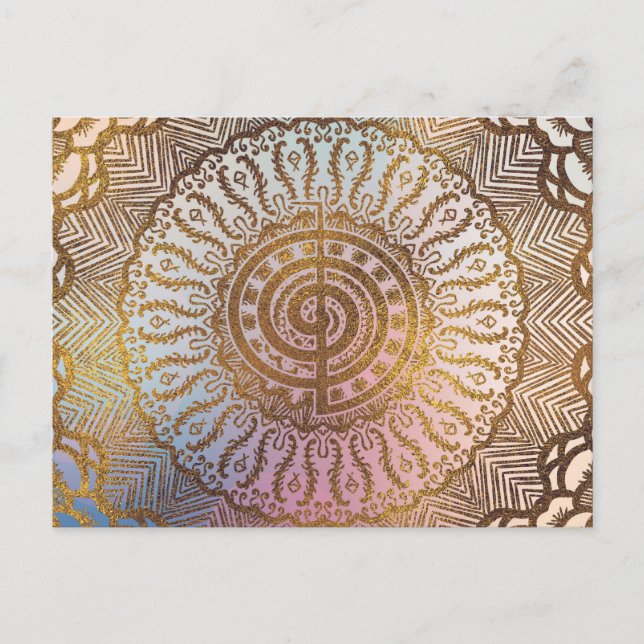 Postal Pastel suave y símbolo Choku Rei dorado en Mandala (Anverso)