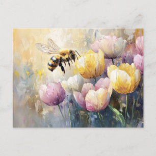 Postal Pastel Tulips y una abeja de miel