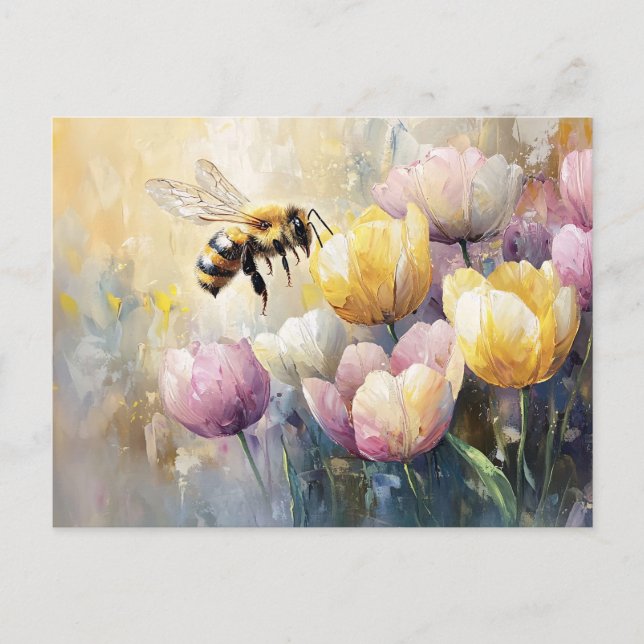 Postal Pastel Tulips y una abeja de miel (Anverso)